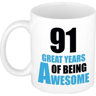 👉 Beker wit blauw 91 great years of being awesome cadeau mok / en