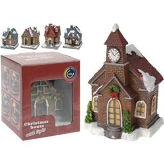 👉 Kersthuisje One Size meerkleurig 1x Kersthuisjes/kerstdorpje kerkje met color change verlichting 13 cm - Kerstdorp onderdelen Verlichte kersthuisjes 8720276474665