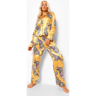👉 Satijnen Tijgerprint Pyjama Set Met Knopen En Broek, Mustard