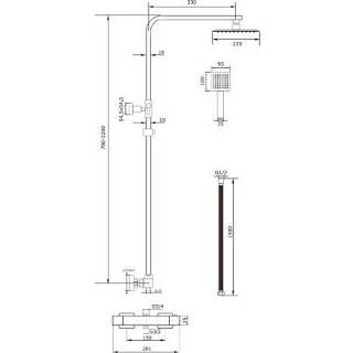 Regen douche set chroom messing vierkant quadro knop rechthoek thermostatisch vast opbouw keramisch Regendouche Boss & Wessing Hoofddouche 22 cm 5404024106307