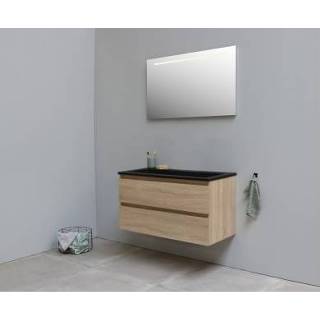 👉 Onderkastje MDF eiken acryl gentegreerd Sub Online onderkast met wastafel slate structuur zonder kraangat spiegel geintegreerde LED verlichting 100x55x46cm,