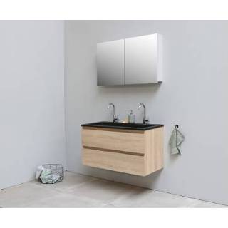 👉 Onderkastje MDF eiken acryl gentegreerd grijs Sub Online onderkast met wastafel slate structuur 2 kraangaten deurs spiegelkast 100x55x46cm,