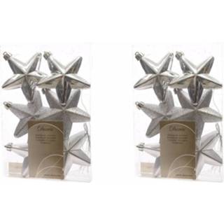 👉 Kerstbal kunststof zilver 12x sterren kerstballen glans/mat/glitter 7 cm kerstboom versiering/decoratie