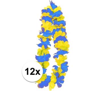 👉 Hawaii slinger blauw gele multi polyester volwassenen 12x Blauw/gele slingers