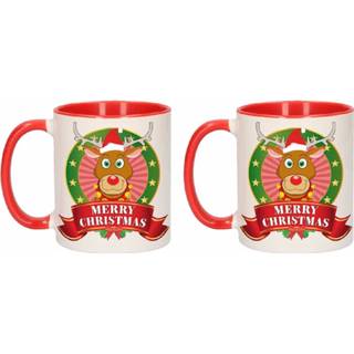 👉 Mok kinderen Set van 2x stuks kerst mokken / bekers met rendier print 300 ml