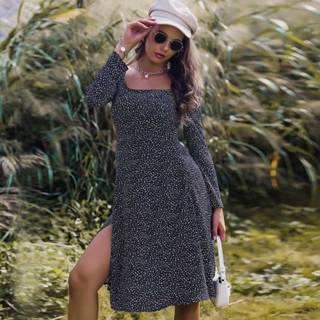 Jurk polyester S M zwart Elegant Volledig geprint Zijsplit