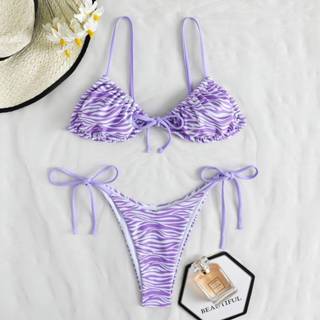 👉 Bikini polyester S M L Pastel Lila paars Sexy Zebra print sets Geknoopt