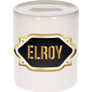 👉 Spaarpot gouden mannen Naam cadeau Elroy met embleem