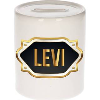 Spaarpot gouden mannen Naam cadeau Levi met embleem