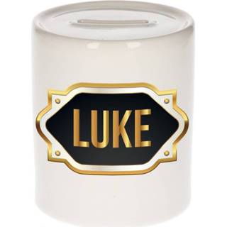 👉 Spaarpot gouden mannen Naam cadeau Luke met embleem