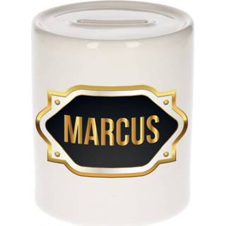 👉 Spaarpot gouden mannen Naam cadeau Marcus met embleem