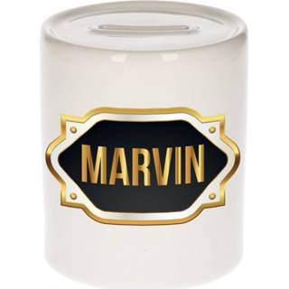 👉 Spaarpot gouden mannen Naam cadeau Marvin met embleem