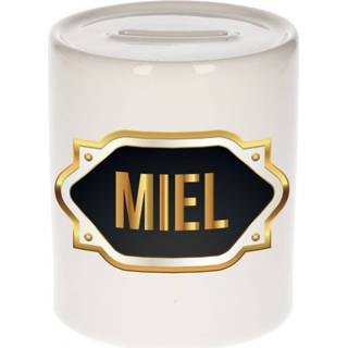 👉 Spaarpot gouden mannen Naam cadeau Miel met embleem