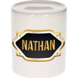 👉 Spaarpot gouden mannen Naam cadeau Nathan met embleem