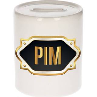 👉 Spaarpot gouden mannen Naam cadeau Pim met embleem