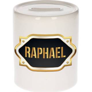 👉 Spaarpot gouden mannen Naam cadeau Raphael met embleem