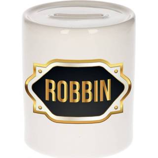 👉 Spaarpot gouden mannen Naam cadeau Robbin met embleem