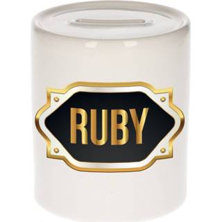 👉 Spaarpot gouden mannen Naam cadeau Ruby met embleem