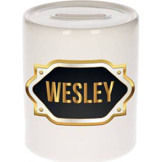 👉 Spaarpot gouden mannen Naam cadeau Wesley met embleem