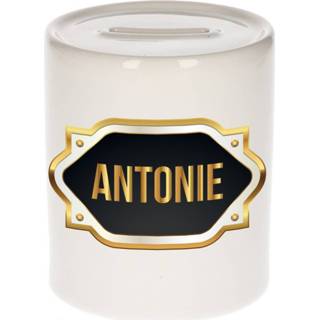 👉 Spaarpot gouden mannen Naam cadeau Antonie met embleem