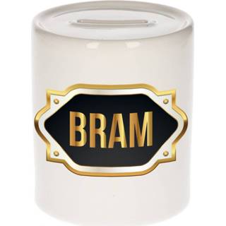 👉 Spaarpot gouden mannen Naam cadeau Bram met embleem