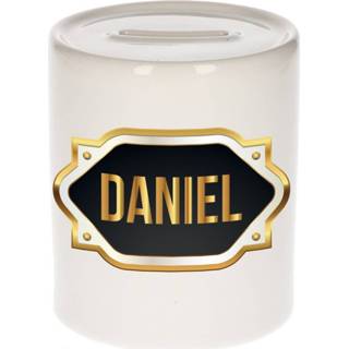 👉 Spaarpot gouden mannen Naam cadeau Daniel met embleem