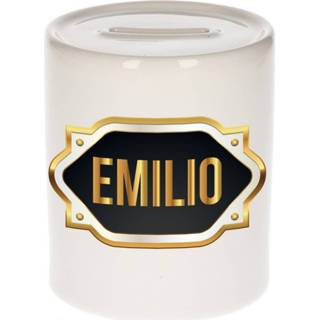 👉 Spaarpot gouden mannen Naam cadeau Emilio met embleem