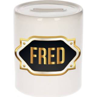 👉 Spaarpot gouden mannen Naam cadeau Fred met embleem