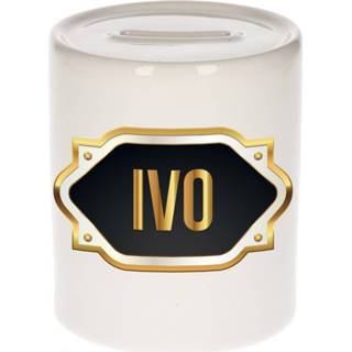 👉 Spaarpot gouden mannen Naam cadeau Ivo met embleem