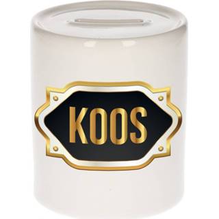 👉 Spaarpot gouden mannen Naam cadeau Koos met embleem