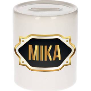 👉 Spaarpot gouden mannen Naam cadeau Mika met embleem