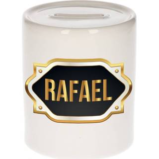 👉 Spaarpot gouden mannen Naam cadeau Rafael met embleem
