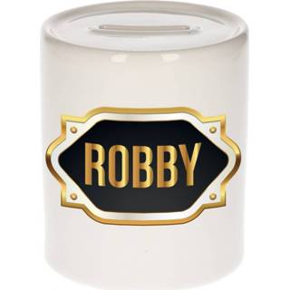 👉 Spaarpot gouden mannen Naam cadeau Robby met embleem