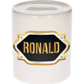👉 Spaarpot gouden mannen Naam cadeau Ronald met embleem