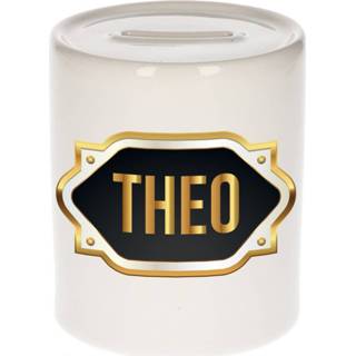 👉 Spaarpot gouden mannen Naam cadeau Theo met embleem