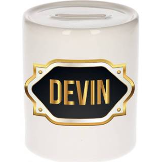 👉 Spaarpot gouden mannen Naam cadeau Devin met embleem