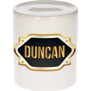 👉 Spaarpot gouden mannen Naam cadeau Duncan met embleem