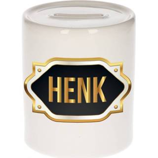 👉 Spaarpot gouden mannen Naam cadeau Henk met embleem