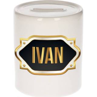 👉 Spaarpot gouden mannen Naam cadeau Ivan met embleem