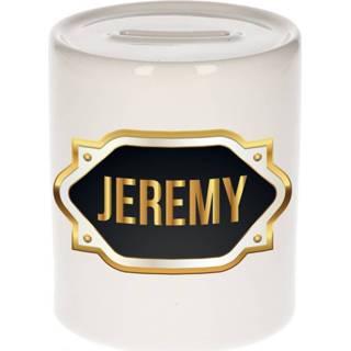 👉 Spaarpot gouden mannen Naam cadeau Jeremy met embleem