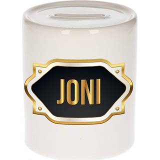 👉 Spaarpot gouden mannen Naam cadeau Joni met embleem