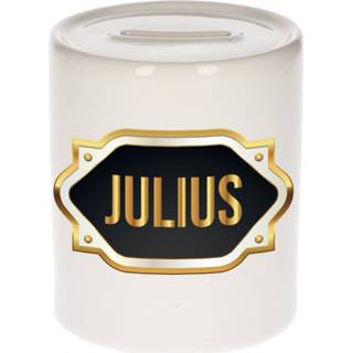 👉 Spaarpot gouden mannen Naam cadeau Julius met embleem