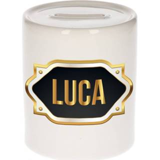 👉 Spaarpot gouden mannen Naam cadeau Luca met embleem