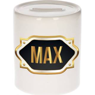 👉 Spaarpot gouden mannen Naam cadeau Max met embleem