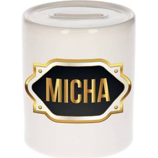 👉 Spaarpot gouden mannen Naam cadeau Micha met embleem
