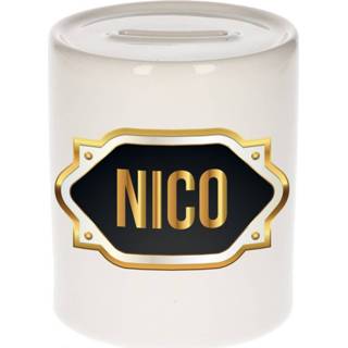 👉 Spaarpot gouden mannen Naam cadeau Nico met embleem