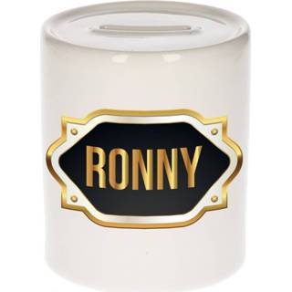 Spaarpot gouden mannen Naam cadeau Ronny met embleem