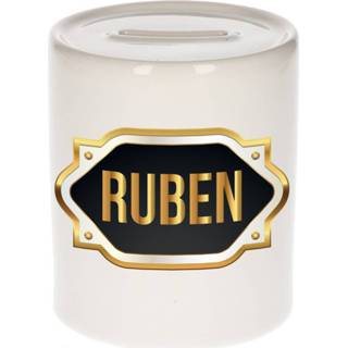 👉 Spaarpot gouden mannen Naam cadeau Ruben met embleem