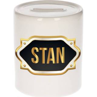 👉 Spaarpot gouden mannen Naam cadeau Stan met embleem