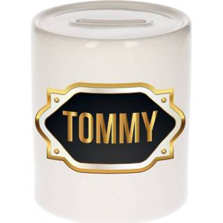 👉 Spaarpot gouden mannen Naam cadeau Tommy met embleem